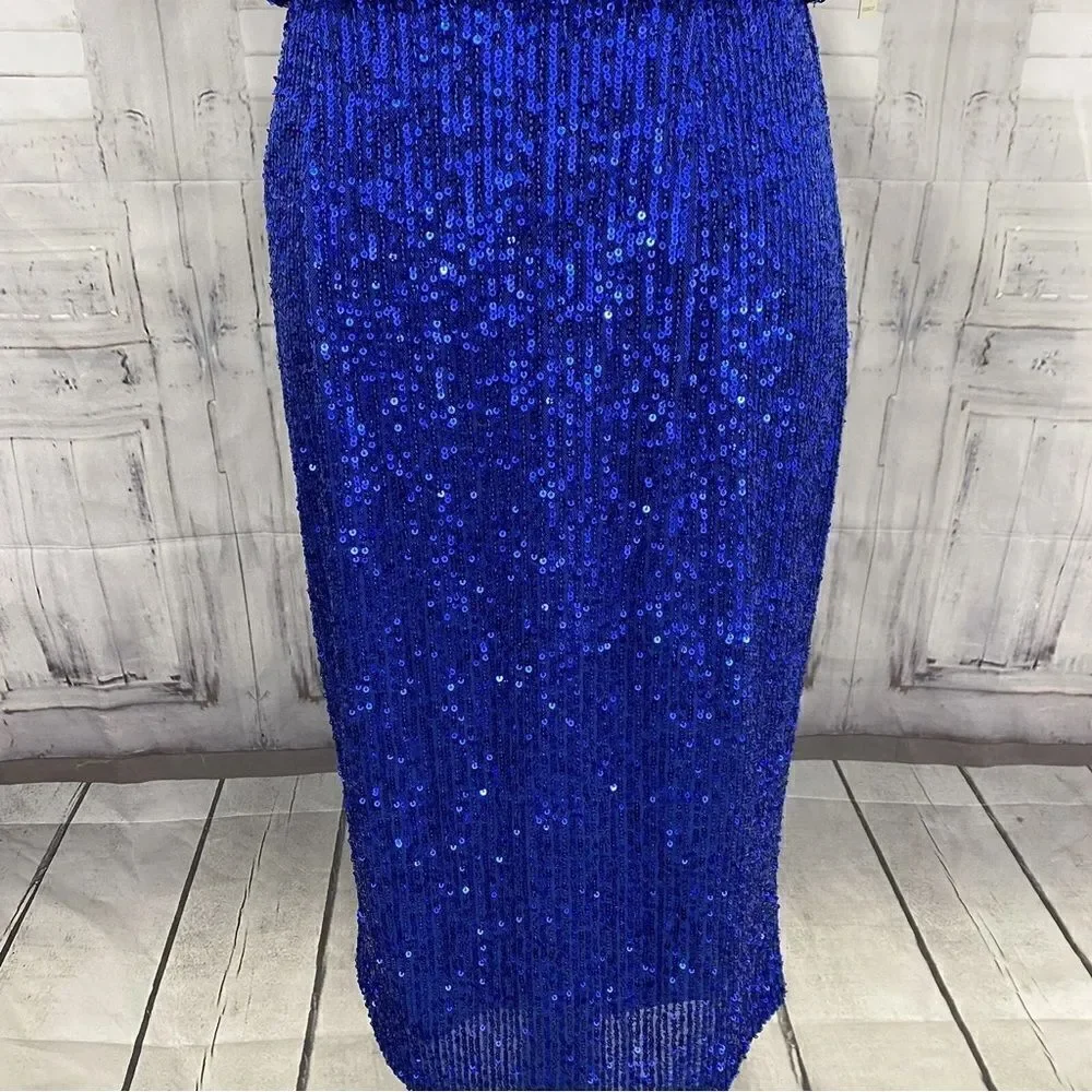 Eliza J Size 8 Blue Halter High Neck Sleeveless Sequin Blouson Dress Cocktail